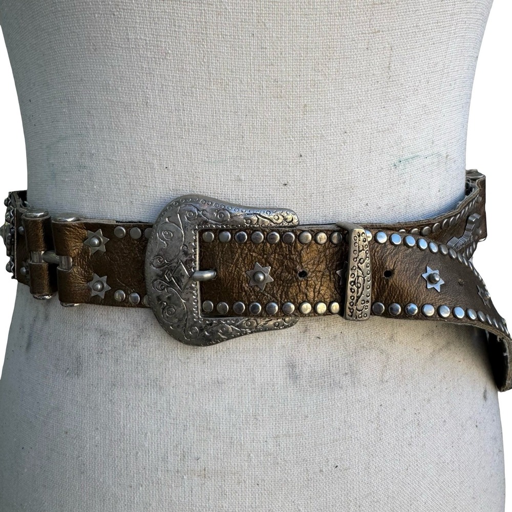 Lily Farouche Bronze Leather Studded Western Belt Star Winged Buckle 26-32 Waist